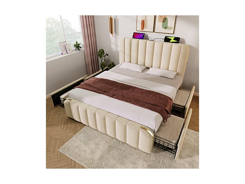 Lit double rembourré 160x200cm en lin beige, avec matelas, 4 tiroirs + USB et Type C, charge max 200 kg