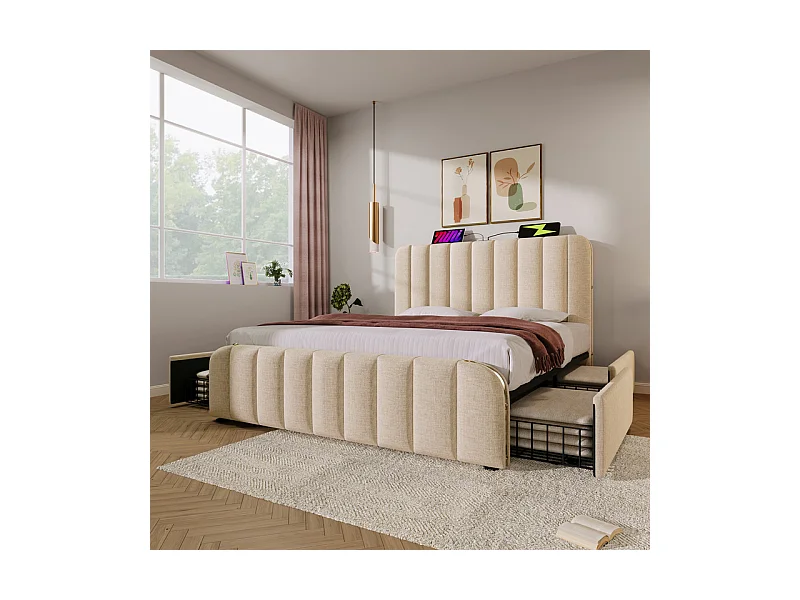 Lit double rembourré 140x200cm en lin beige, avec matelas, 4 tiroirs + USB et Type C, charge max 181 kg