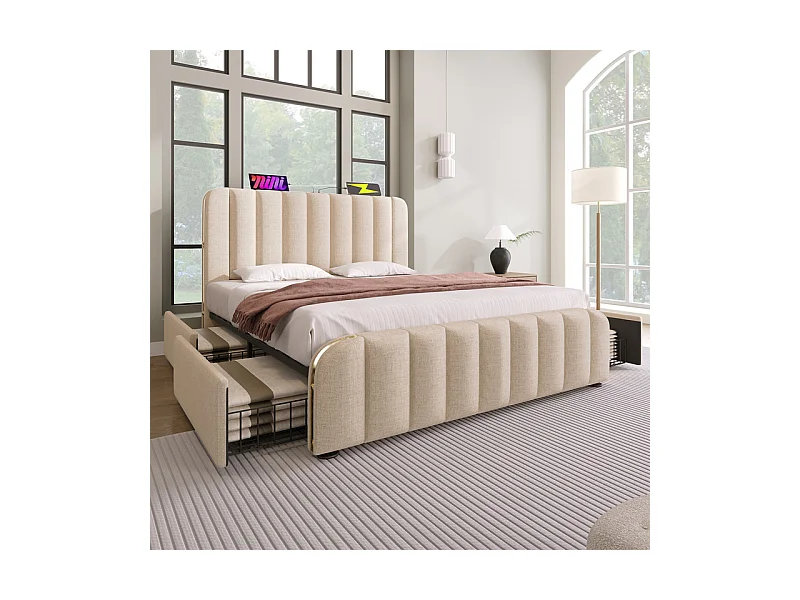 Lit double rembourré 140x200cm en lin beige, avec matelas, 4 tiroirs + USB et Type C, charge max 181 kg