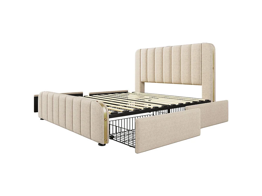 Lit double rembourré 140x200cm en lin beige, avec matelas, 4 tiroirs + USB et Type C, charge max 181 kg