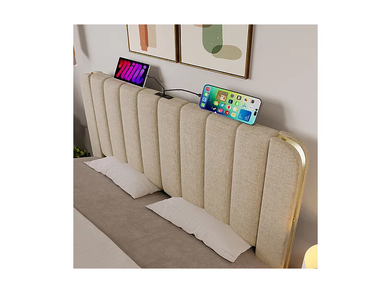Lit double rembourré 140x200cm en lin beige, avec matelas, 4 tiroirs + USB et Type C, charge max 181 kg