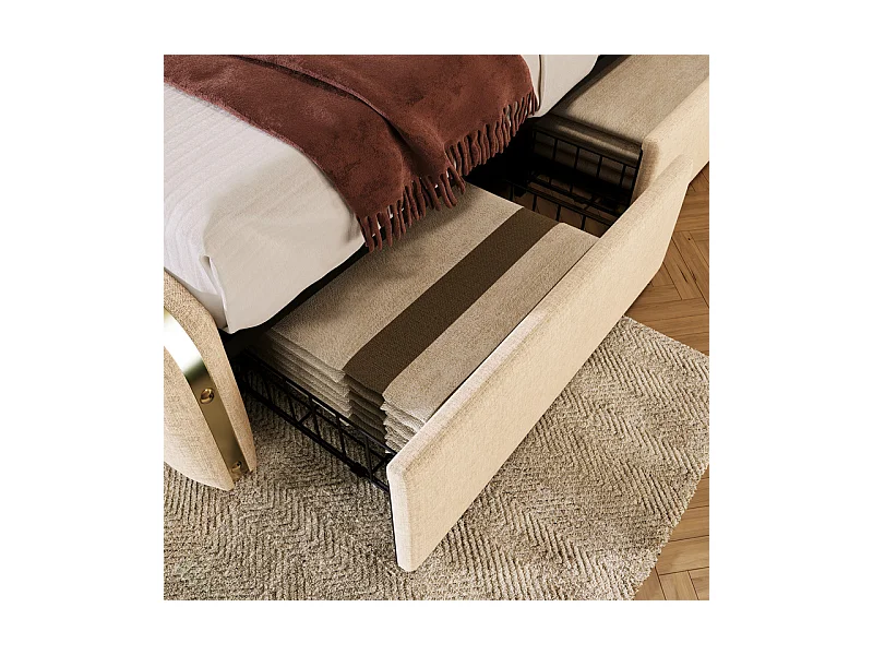 Lit double rembourré 140x200cm en lin beige, avec matelas, 4 tiroirs + USB et Type C, charge max 181 kg