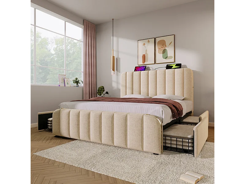 Lit double rembourré 140x200cm en lin beige, avec matelas, 4 tiroirs + USB et Type C, charge max 181 kg