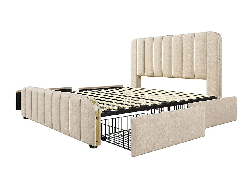 Lit double rembourré 140x200cm en lin beige, avec matelas, 4 tiroirs + USB et Type C, charge max 181 kg