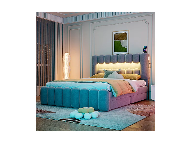 Lit rembourré en velours gris - 160x200cm - 4 tiroirs + LED + USB + Enceintes - tête de lit réglables