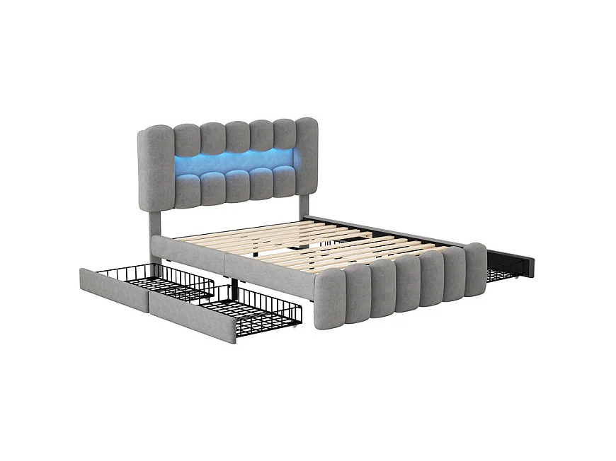 Lit rembourré en velours gris - 160x200cm - 4 tiroirs + LED + USB + Enceintes - tête de lit réglables