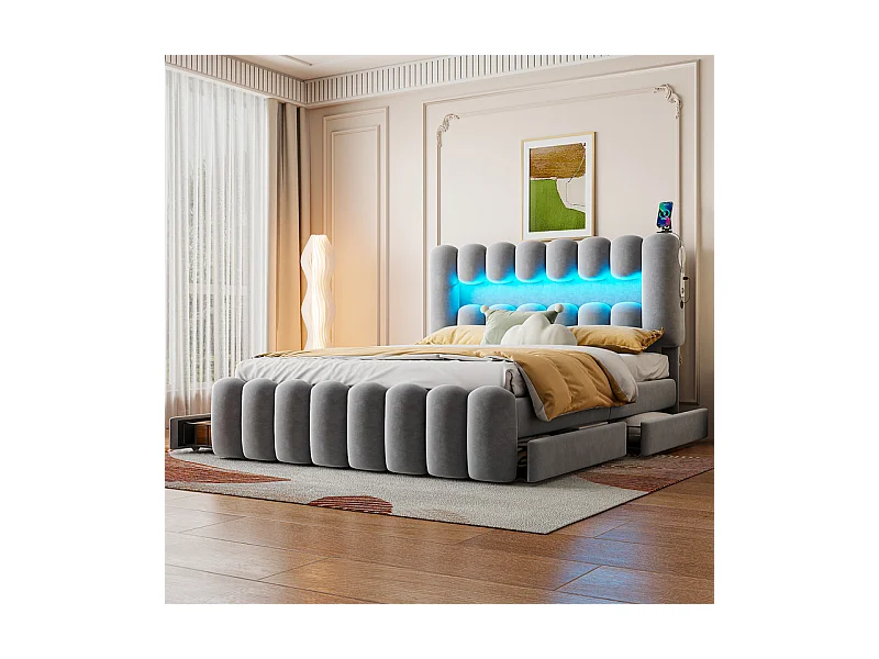 Lit rembourré en velours gris - 160x200cm - 4 tiroirs + LED + USB + Enceintes - tête de lit réglables