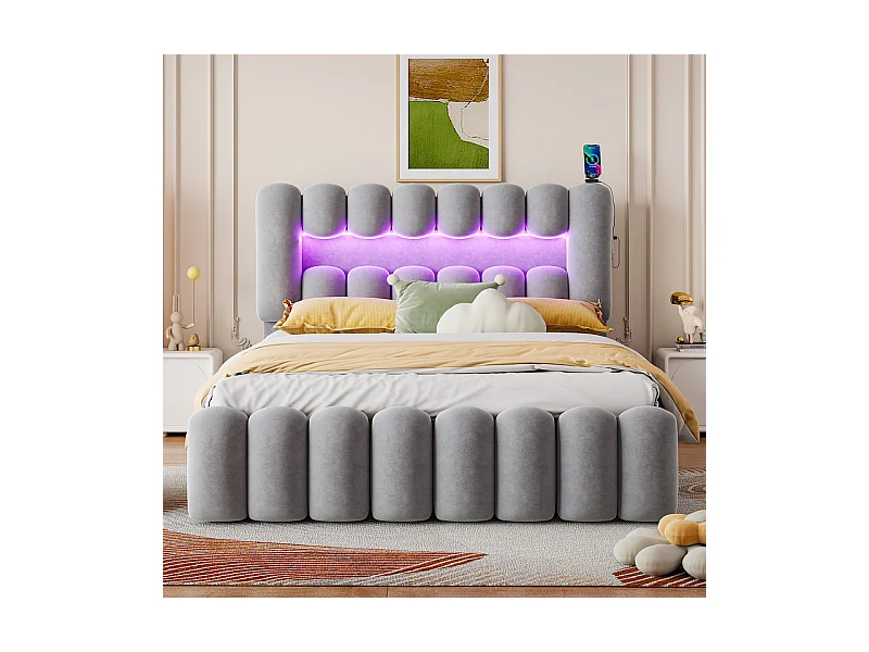 Lit rembourré en velours gris - 160x200cm - 4 tiroirs + LED + USB + Enceintes - tête de lit réglables