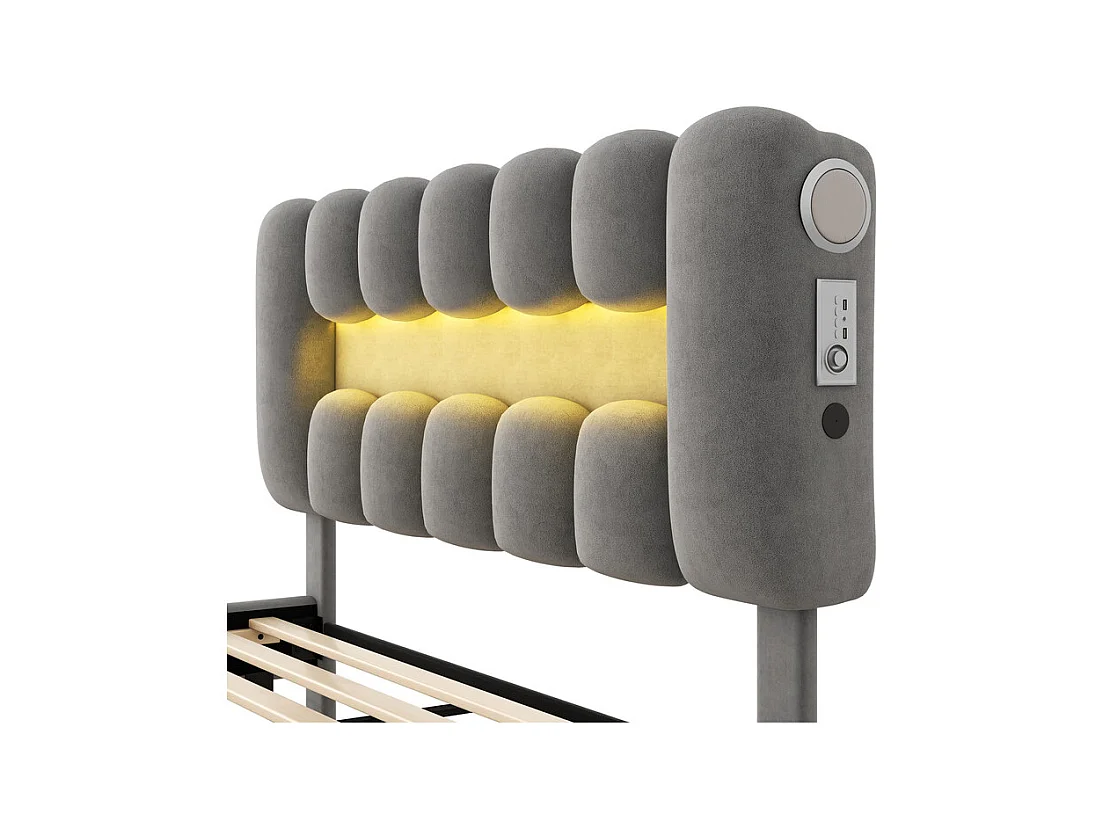 Lit rembourré en velours gris - 160x200cm - 4 tiroirs + LED + USB + Enceintes - tête de lit réglables