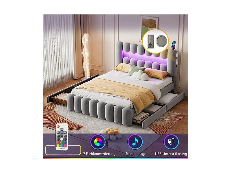 Lit rembourré en velours gris - 160x200cm - 4 tiroirs + LED + USB + Enceintes - tête de lit réglables