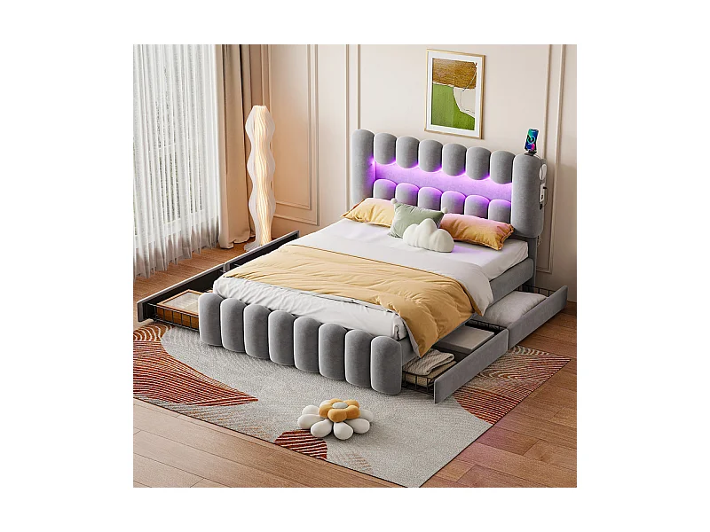 Lit rembourré en velours gris - 160x200cm - 4 tiroirs + LED + USB + Enceintes - tête de lit réglables