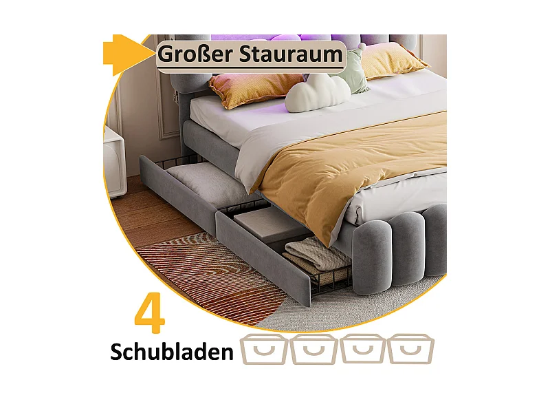 Lit rembourré en velours gris - 160x200cm - 4 tiroirs + LED + USB + Enceintes - tête de lit réglables