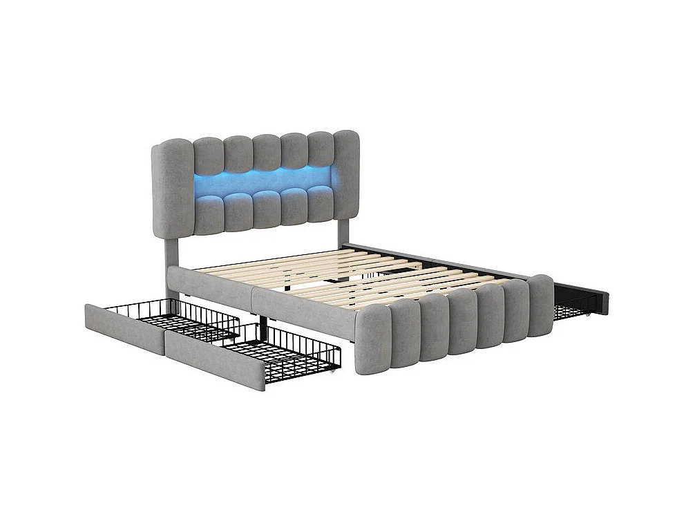 Gepolsterd bed in grijs fluweel - 160x200cm - 4 lades + LED + USB + Speakers - verstelbare hoofdeinde