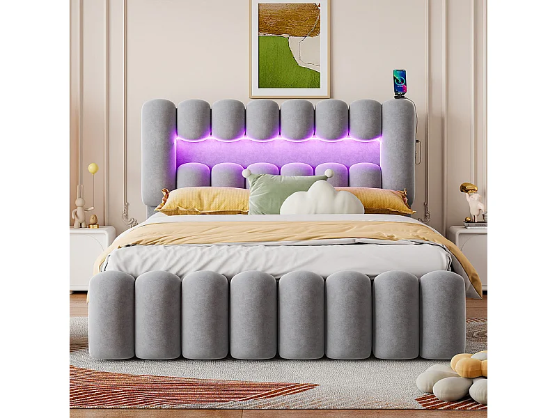 Gepolsterd bed in grijs fluweel - 160x200cm - 4 lades + LED + USB + Speakers - verstelbare hoofdeinde