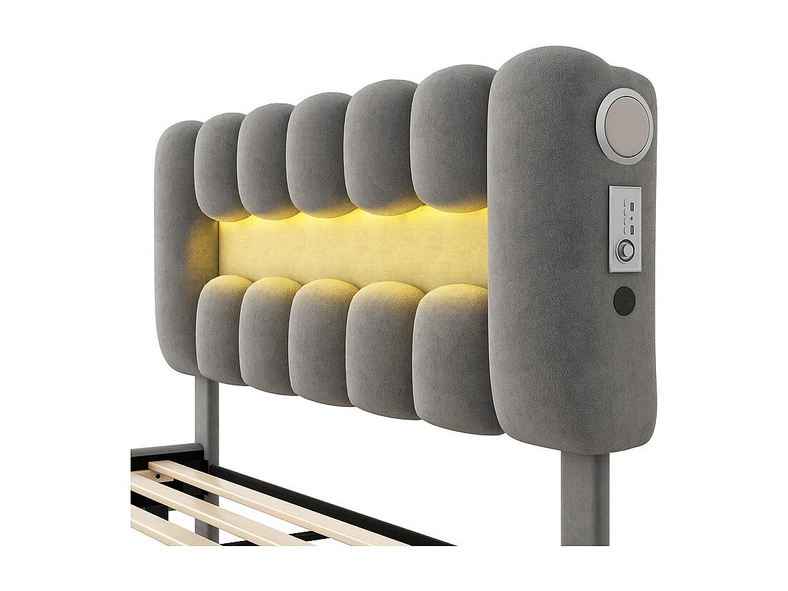 Gepolsterd bed in grijs fluweel - 160x200cm - 4 lades + LED + USB + Speakers - verstelbare hoofdeinde