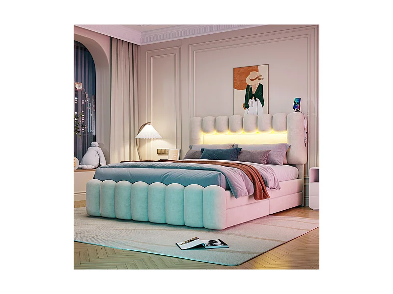 Lit rembourré en velours beige - 160x200cm - 4 tiroirs + LED + USB + Enceintes - tête de lit réglables