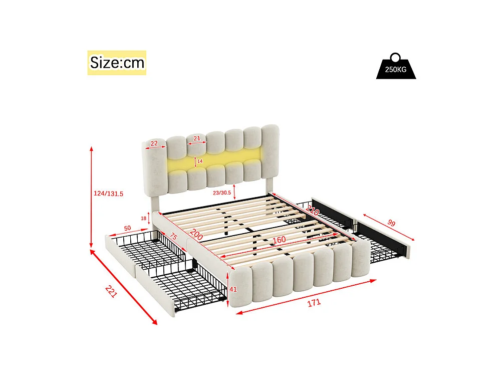 Lit rembourré en velours beige - 160x200cm - 4 tiroirs + LED + USB + Enceintes - tête de lit réglables