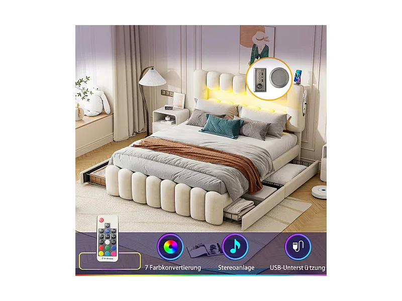 Lit rembourré en velours beige - 160x200cm - 4 tiroirs + LED + USB + Enceintes - tête de lit réglables