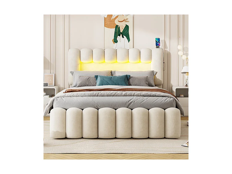 Lit rembourré en velours beige - 160x200cm - 4 tiroirs + LED + USB + Enceintes - tête de lit réglables