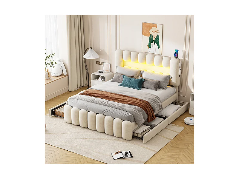 Lit rembourré en velours beige - 160x200cm - 4 tiroirs + LED + USB + Enceintes - tête de lit réglables