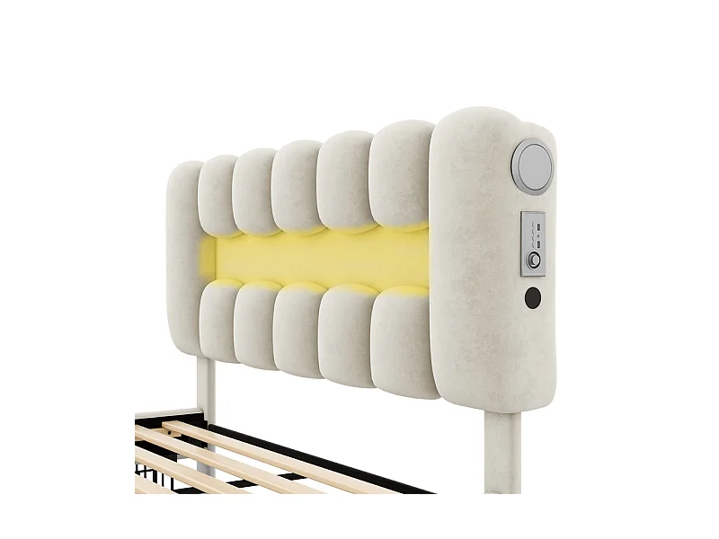 Lit rembourré en velours beige - 160x200cm - 4 tiroirs + LED + USB + Enceintes - tête de lit réglables