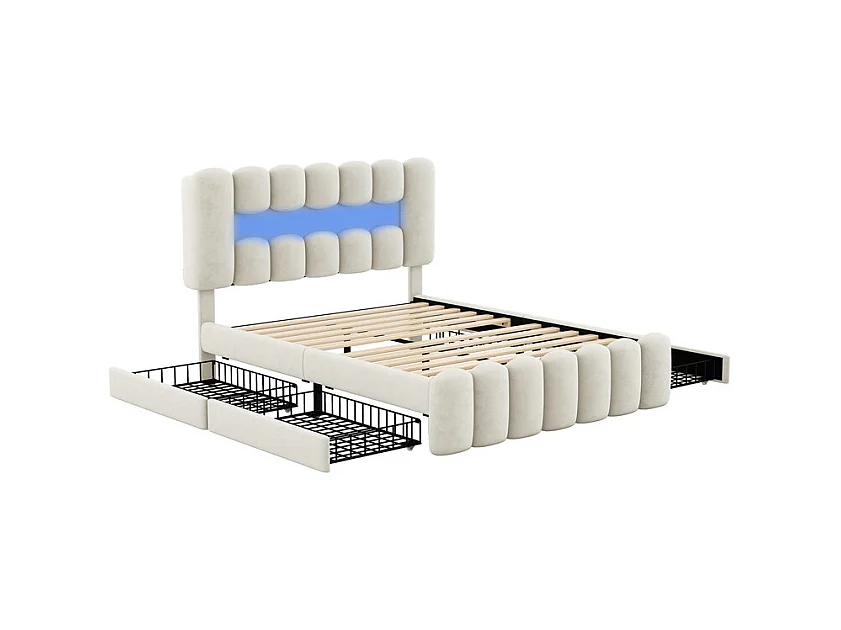 Lit rembourré en velours beige - 160x200cm - 4 tiroirs + LED + USB + Enceintes - tête de lit réglables