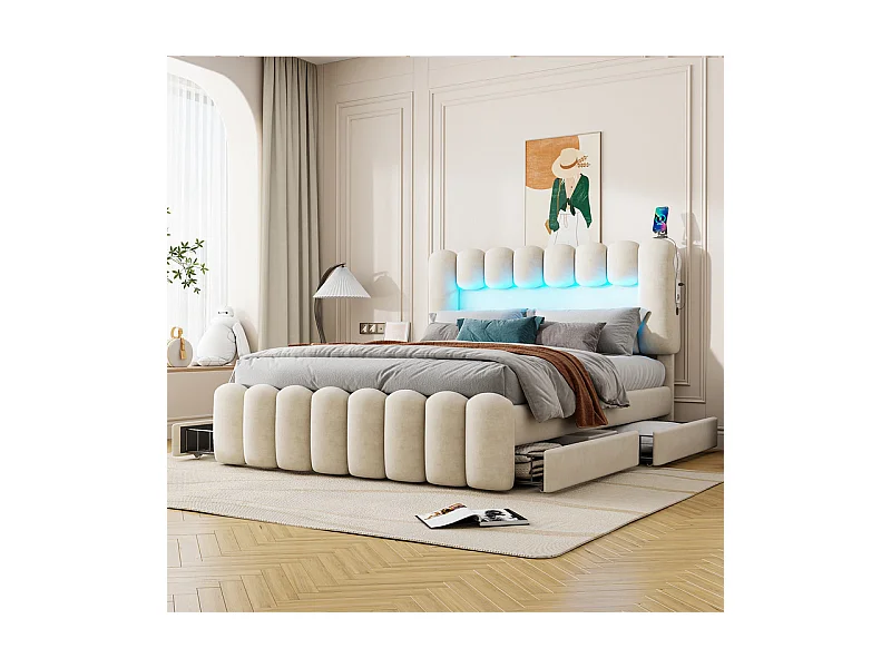 Lit rembourré en velours beige - 160x200cm - 4 tiroirs + LED + USB + Enceintes - tête de lit réglables