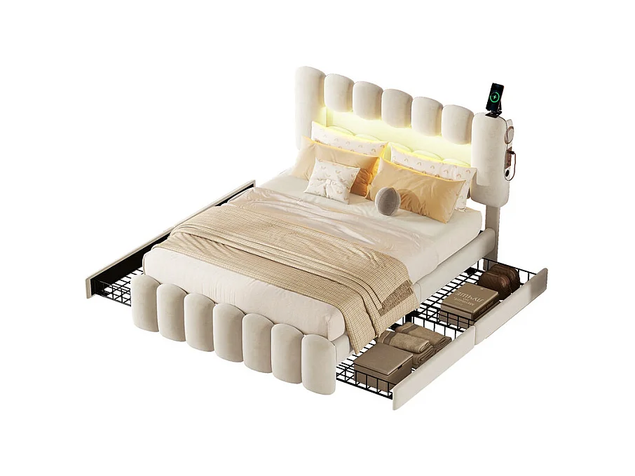 Lit rembourré en velours beige - 160x200cm - 4 tiroirs + LED + USB + Enceintes - tête de lit réglables