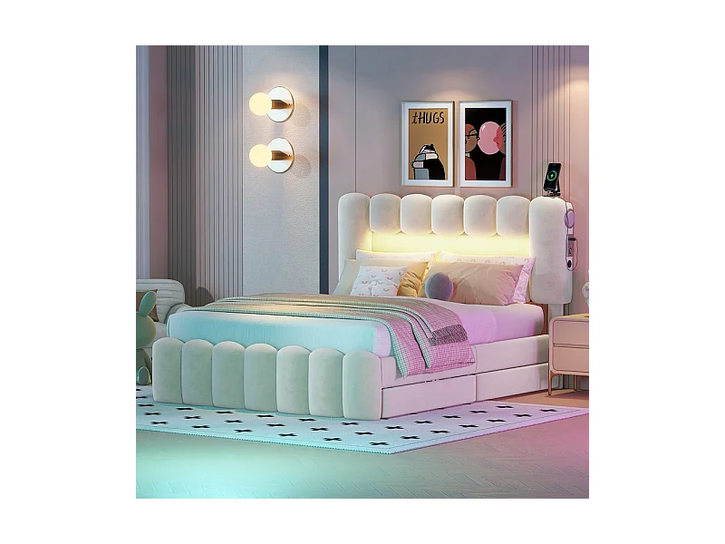 Lit rembourré en velours gris - 140x200cm - 4 tiroirs + LED + USB + Enceintes - tête de lit réglables