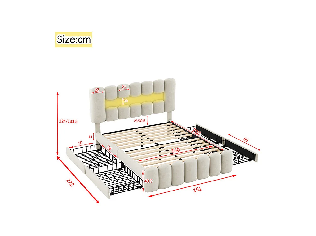 Lit rembourré en velours gris - 140x200cm - 4 tiroirs + LED + USB + Enceintes - tête de lit réglables