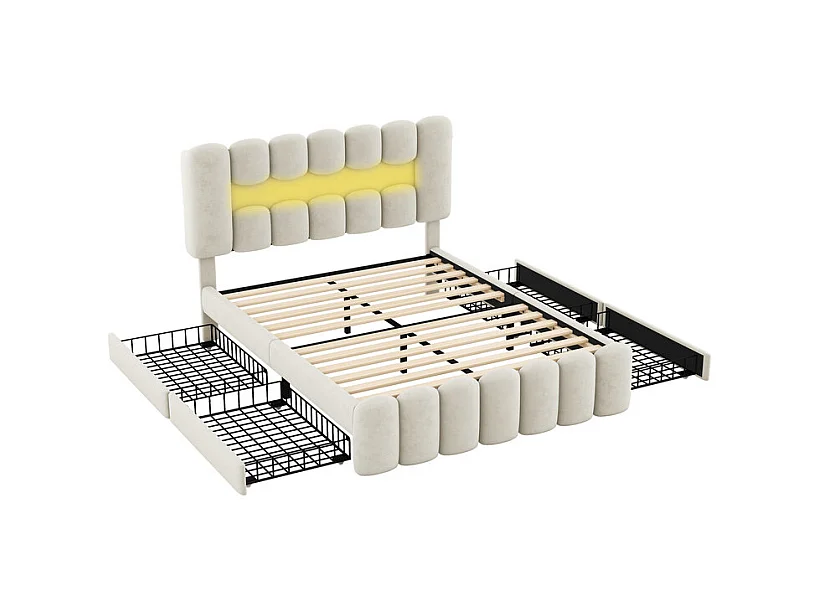 Lit rembourré en velours gris - 140x200cm - 4 tiroirs + LED + USB + Enceintes - tête de lit réglables