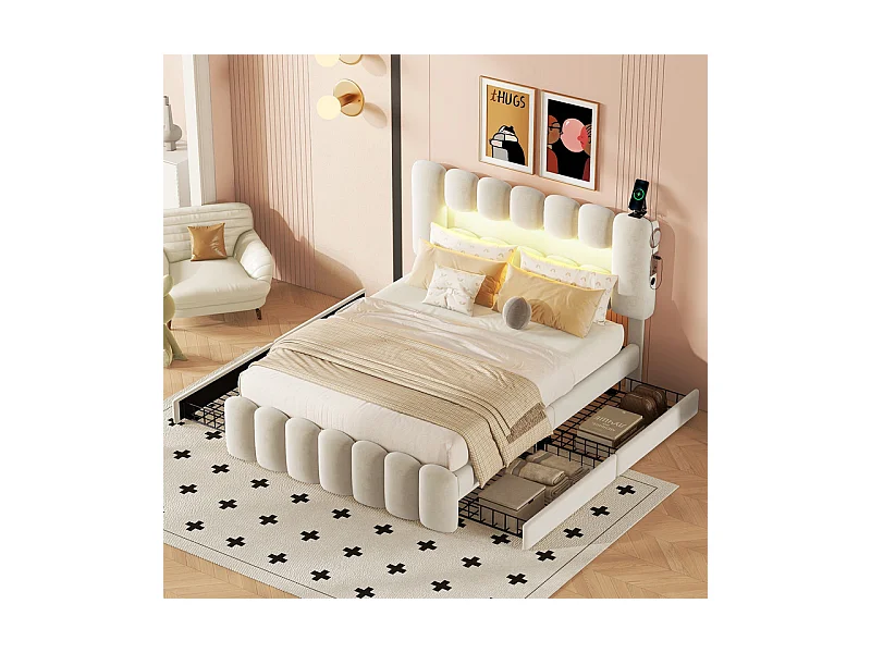 Lit rembourré en velours gris - 140x200cm - 4 tiroirs + LED + USB + Enceintes - tête de lit réglables