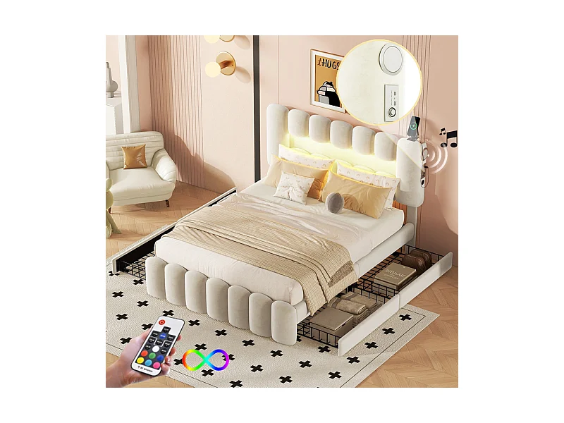 Lit rembourré en velours gris - 140x200cm - 4 tiroirs + LED + USB + Enceintes - tête de lit réglables