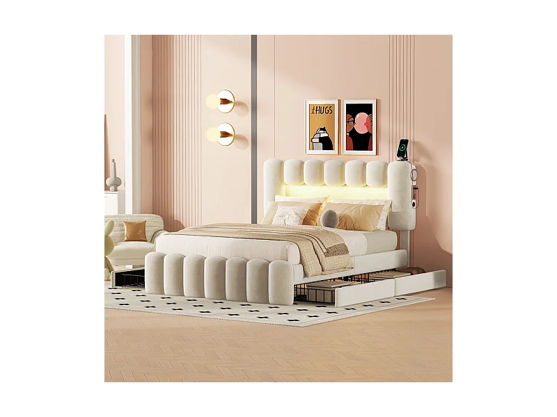 Lit rembourré en velours gris - 140x200cm - 4 tiroirs + LED + USB + Enceintes - tête de lit réglables