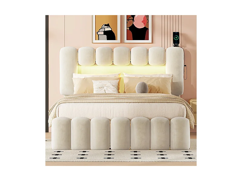 Lit rembourré en velours gris - 140x200cm - 4 tiroirs + LED + USB + Enceintes - tête de lit réglables