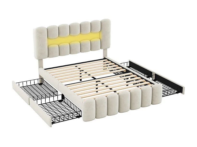 Lit rembourré en velours gris - 140x200cm - 4 tiroirs + LED + USB + Enceintes - tête de lit réglables