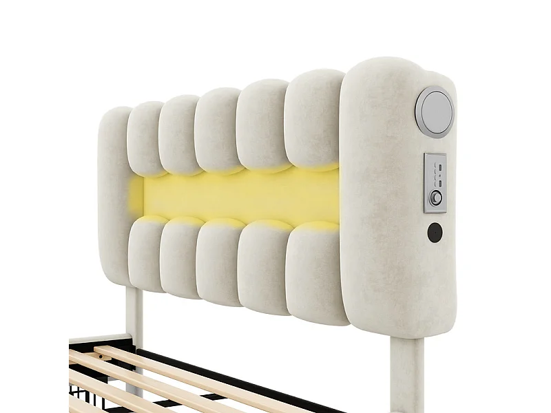 Lit rembourré en velours gris - 140x200cm - 4 tiroirs + LED + USB + Enceintes - tête de lit réglables