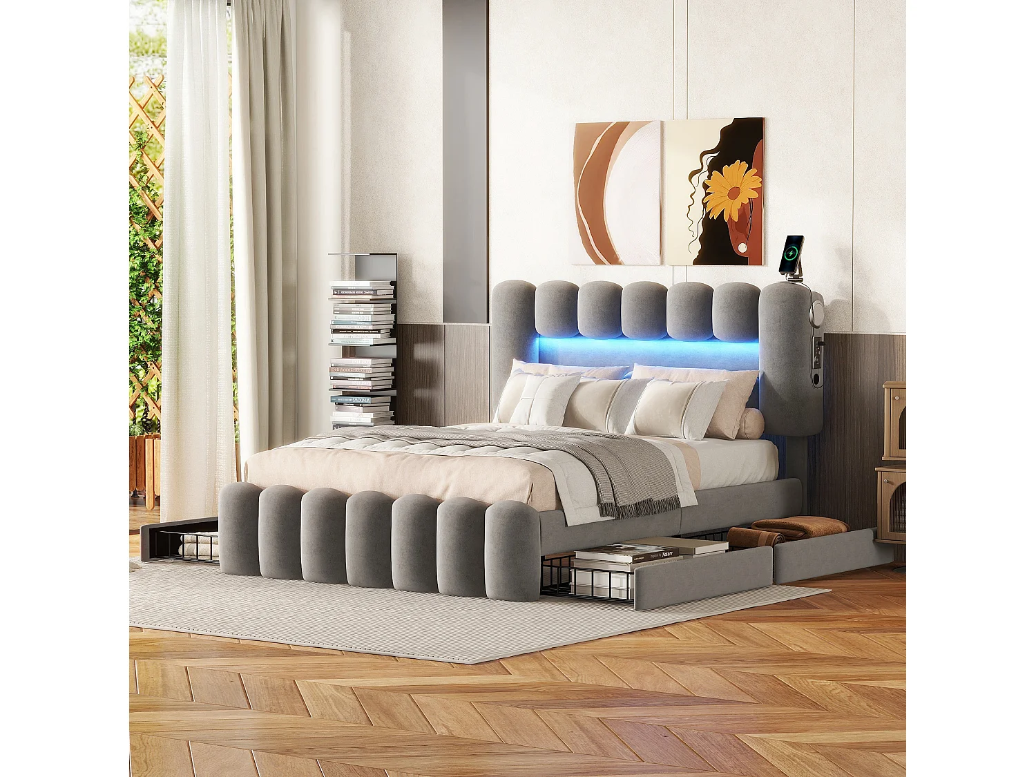 Gepolsterd bed in grijs fluweel - 140x200cm - 4 lades + LED + USB + Speakers - verstelbare hoofdeinde