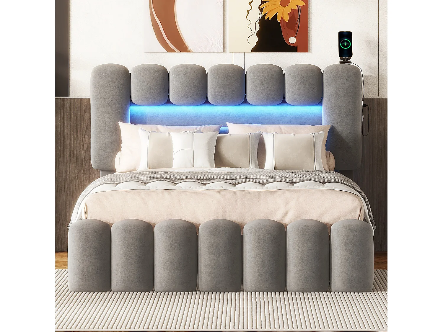 Gepolsterd bed in grijs fluweel - 140x200cm - 4 lades + LED + USB + Speakers - verstelbare hoofdeinde