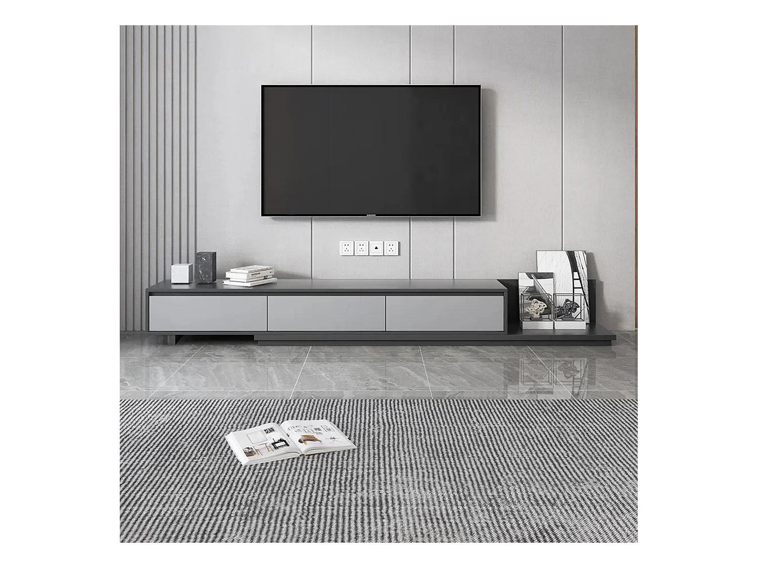 Meuble TV avec 3 tiroirs, Meuble TV Extensible, Meuble TV Ajustable de 200 cm à 330 cm, Meuble télé pour Salon ,Gris