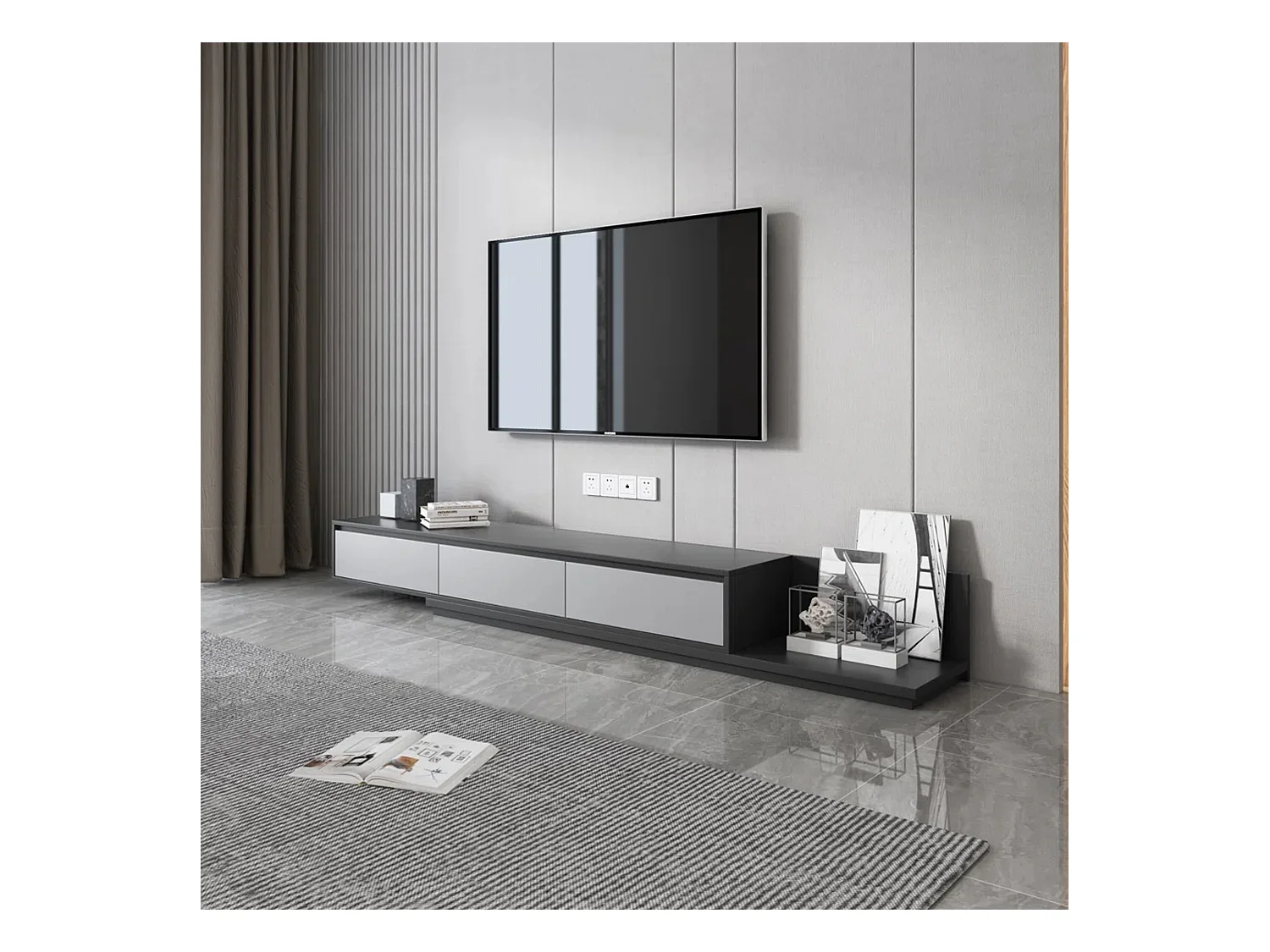 Meuble TV avec 3 tiroirs, Meuble TV Extensible, Meuble TV Ajustable de 200 cm à 330 cm, Meuble télé pour Salon ,Gris