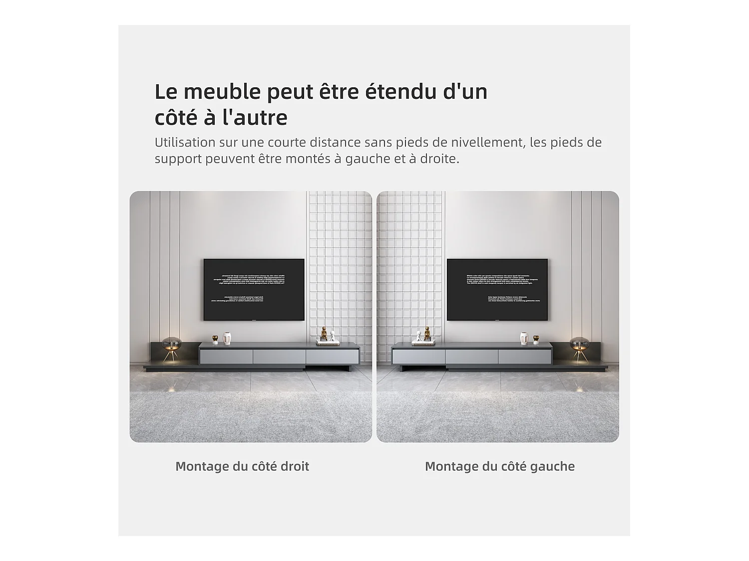 Meuble TV avec 3 tiroirs, Meuble TV Extensible, Meuble TV Ajustable de 200 cm à 330 cm, Meuble télé pour Salon ,Gris