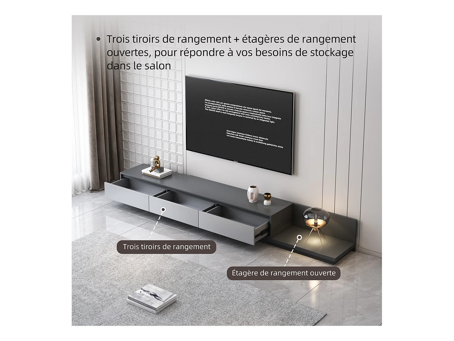 Meuble TV avec 3 tiroirs, Meuble TV Extensible, Meuble TV Ajustable de 200 cm à 330 cm, Meuble télé pour Salon ,Gris