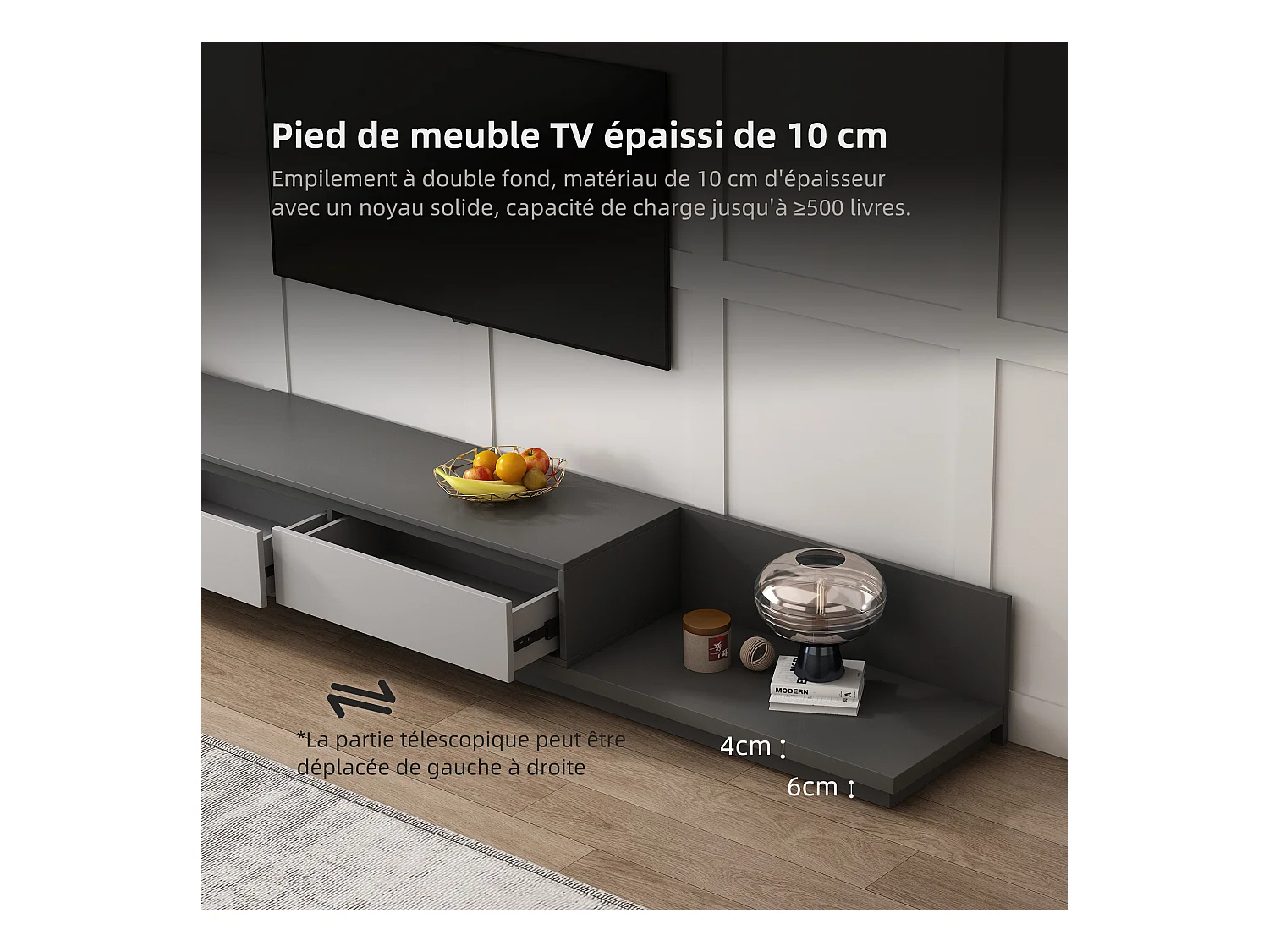 Meuble TV avec 3 tiroirs, Meuble TV Extensible, Meuble TV Ajustable de 200 cm à 330 cm, Meuble télé pour Salon ,Gris