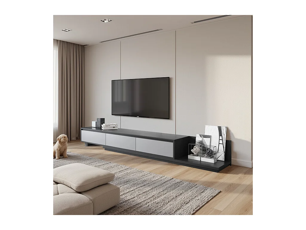 Meuble TV avec 3 tiroirs, Meuble TV Extensible, Meuble TV Ajustable de 200 cm à 330 cm, Meuble télé pour Salon ,Gris