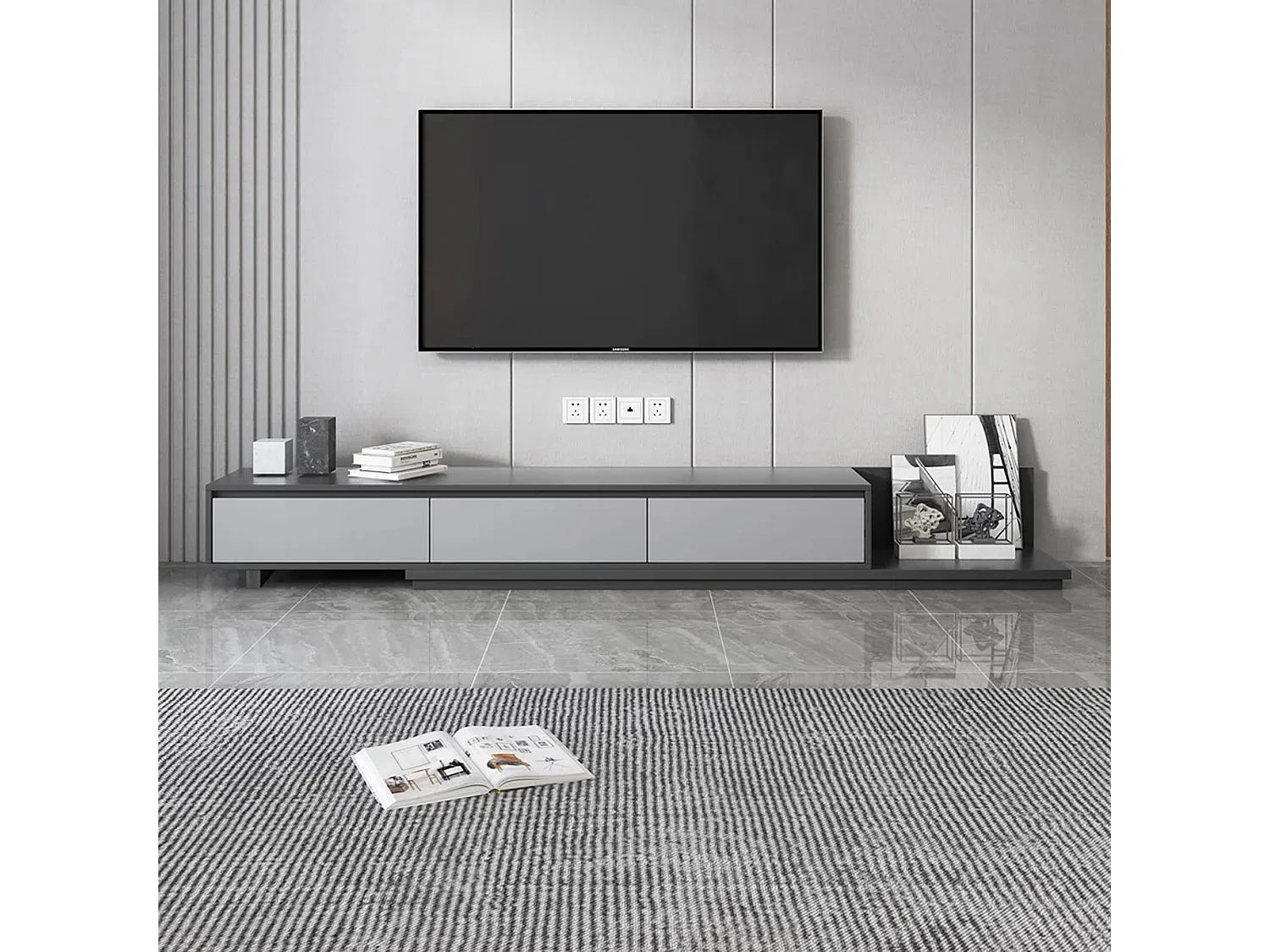 Meuble TV avec 3 tiroirs, Meuble TV Extensible, Meuble TV Ajustable de 200 cm à 330 cm, Meuble télé pour Salon ,Gris