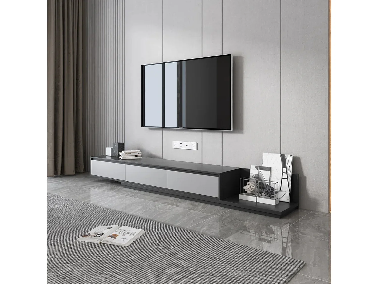 Meuble TV avec 3 tiroirs, Meuble TV Extensible, Meuble TV Ajustable de 200 cm à 330 cm, Meuble télé pour Salon ,Gris