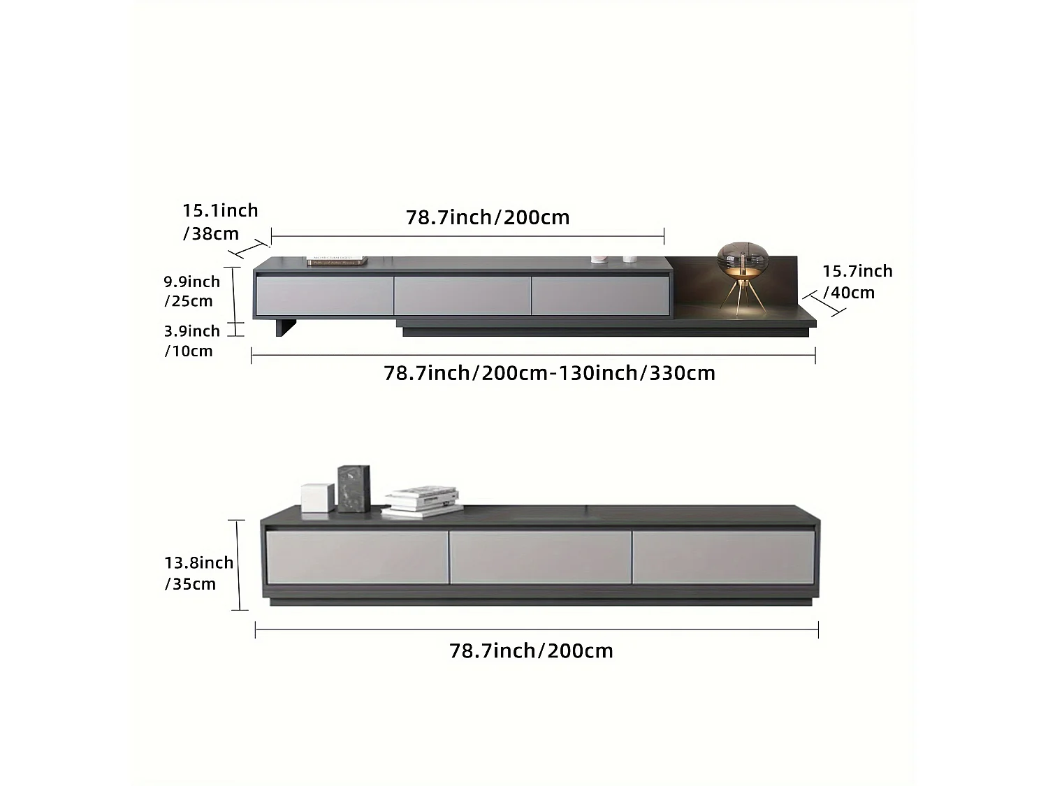 Meuble TV avec 3 tiroirs, Meuble TV Extensible, Meuble TV Ajustable de 200 cm à 330 cm, Meuble télé pour Salon ,Gris