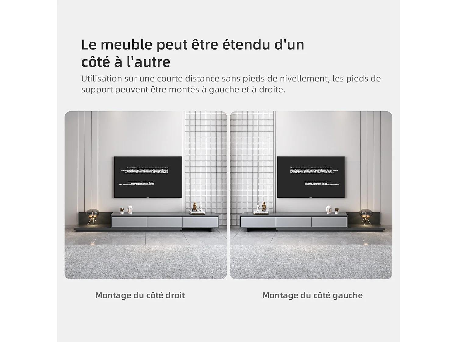 Meuble TV avec 3 tiroirs, Meuble TV Extensible, Meuble TV Ajustable de 200 cm à 330 cm, Meuble télé pour Salon ,Gris