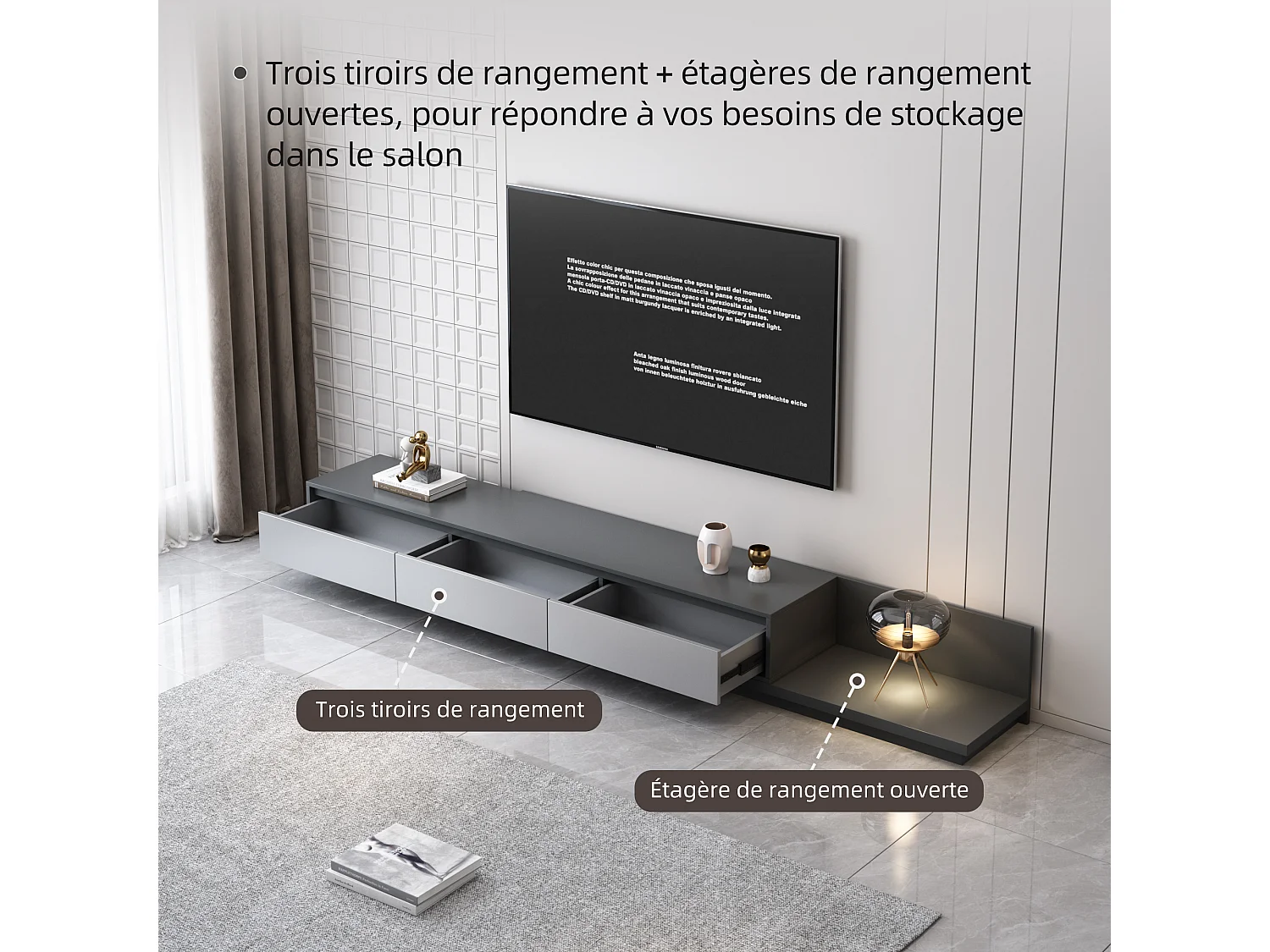 Meuble TV avec 3 tiroirs, Meuble TV Extensible, Meuble TV Ajustable de 200 cm à 330 cm, Meuble télé pour Salon ,Gris